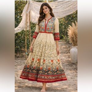 Biba Designer Anarkali Maxi Dress Boho Floral Print Cream Red Gold Sz M/34